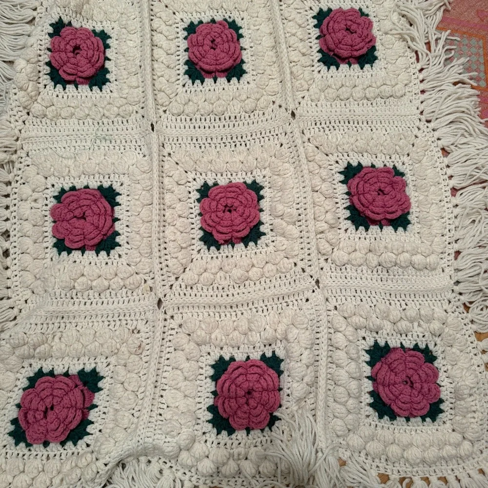 Cream and Rose Popcorn Granny Handmade Crocheted Afghan